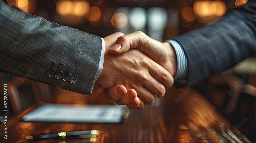 A close-up of a handshake between two business partners, with a contract and pen on the table, symbolizing a successful deal, in a professional setting. A close-up of a handshake between two business partners, with a contract and pen on the table, symbolizing a successful deal, in a professional setting.