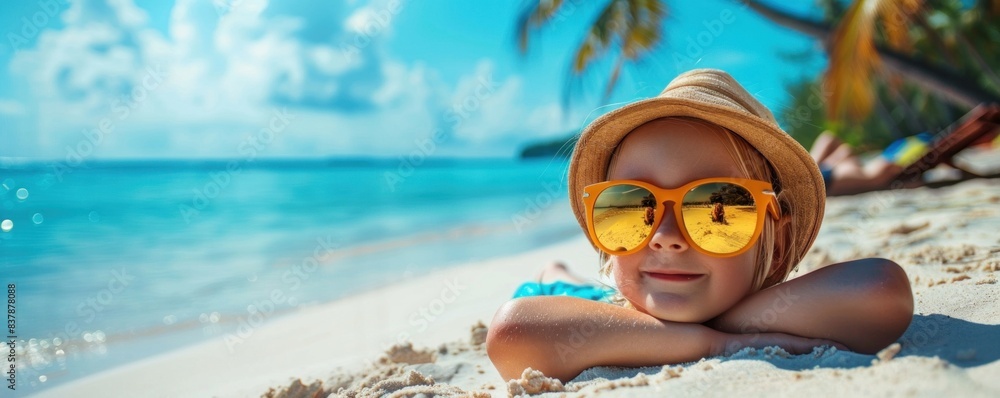 Obraz premium a child sunbathes on the sand by the azure sea against the backdrop of palm branches as an invitation to a wonderful sea holiday and travel