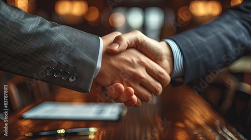Wallpaper Mural A close-up of a handshake between two business partners, with a contract and pen on the table, symbolizing a successful deal, in a professional setting. Torontodigital.ca