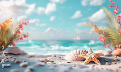 A place for a heavenly holiday by the sea - white sand, endless expanses of water, clear sunny skies and bright shells and flowers on the sand