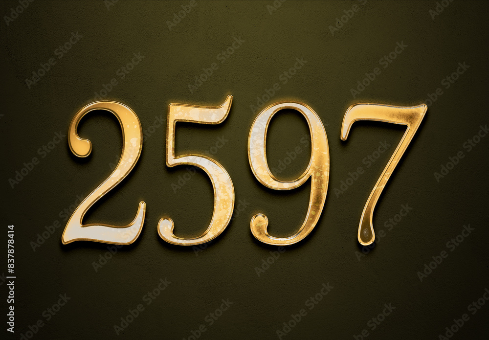 Old gold effect of 2597 number with 3D glossy style Mockup. Old gold effect of 2597 number with 3D glossy style Mockup.