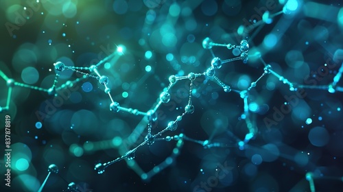 A vibrant background image featuring interconnected geometric shapes in shades of blue and green, overlaid with a detailed molecular model highlighting the structure of a complex organic compound. © DARIKA