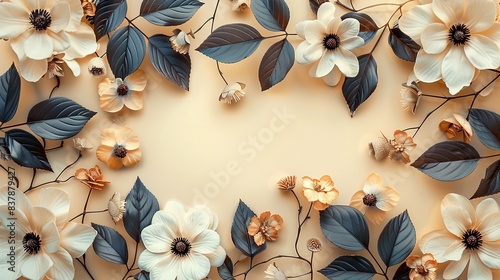 Luxurious white and gold botanical pattern for design. Elegant symmetrical floral arrangement on pastel background photo