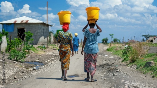Portrait of rural women carrying buckets of water on their heads.AI generated image