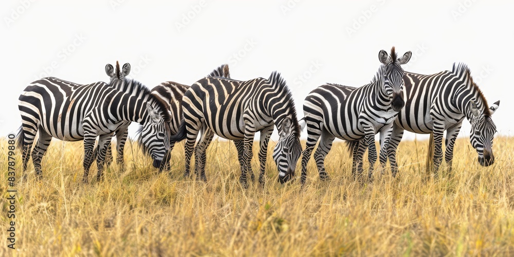 Obraz premium Herd of zebras grazing on a savanna, highlighting the vibrant beauty and diversity of wildlife in their ecosystem, isolated white background, copy space