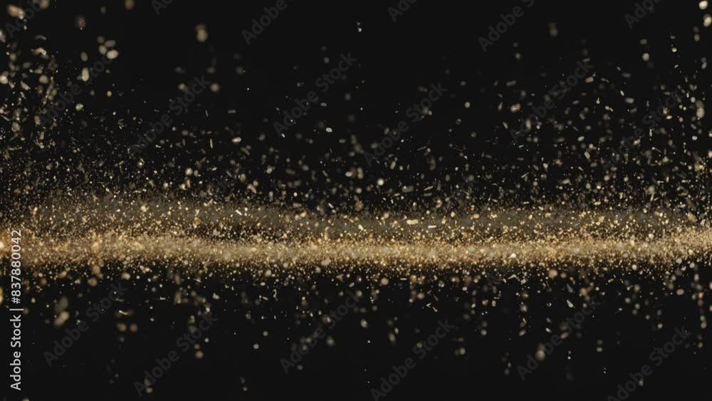 Gold dust particles fly in slow motion in the air lingering slowly. Dust Particles Background Bokeh Lights Background on Black Background 4k Footage Snow Particles Background. Gold dust particles fly in slow motion in the air lingering slowly. Dust Particles Background Bokeh Lights Background on Black Background 4k Footage Snow Particles Background.