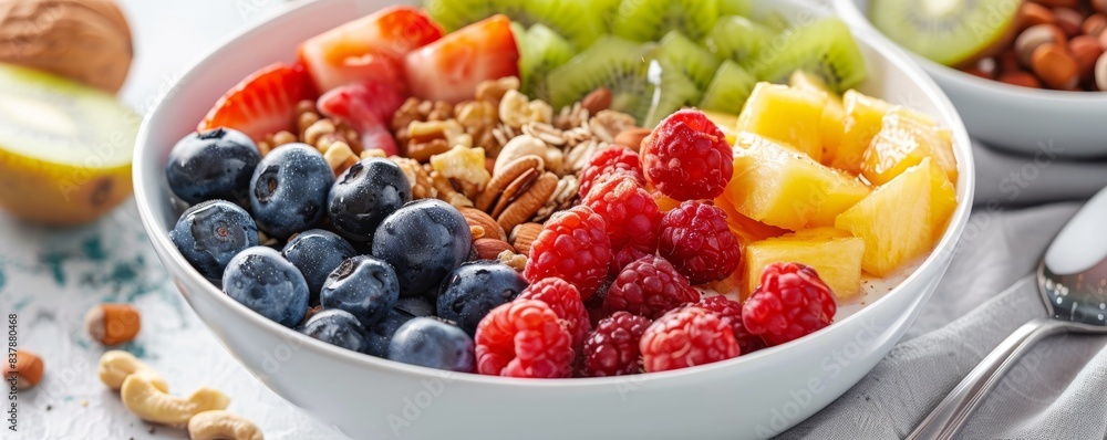Healthy breakfast bowl with fruits and nuts, highlighting the role of nutrition in selfcare and wellness, isolated white background, copy space Healthy breakfast bowl with fruits and nuts, highlighting the role of nutrition in selfcare and wellness, isolated white background, copy space