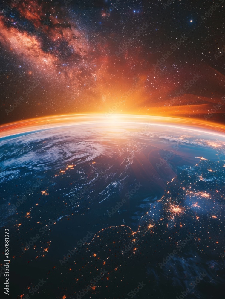 Sunrise over Earth from space, highlighting the planet's curvature and the vast expanse of the universe with stars in the background. Sunrise over Earth from space, highlighting the planet's curvature and the vast expanse of the universe with stars in the background.