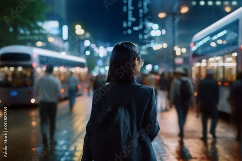 rear view of young asian woman walking on busy downtown city street after work at night, with busy traffic and illuminated city scene in background
