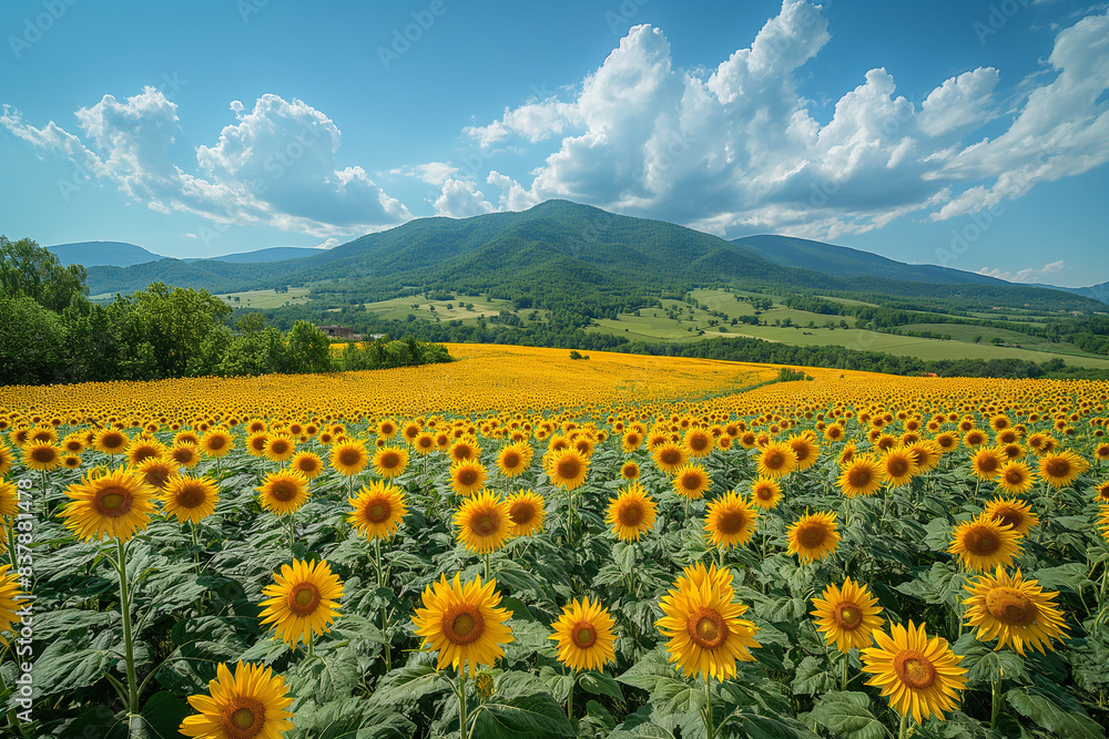 Fototapeta premium Field of blooming sunflowers on a background sunset 