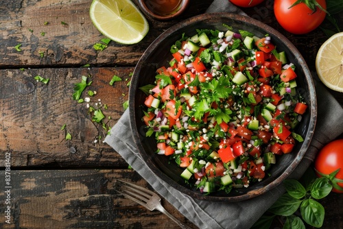 Middle eastern and Mediterranean traditional vegetable salad tabbouleh with couscous on rustic metal plate and wooden background from above. Arab Turkish food. © Straxer