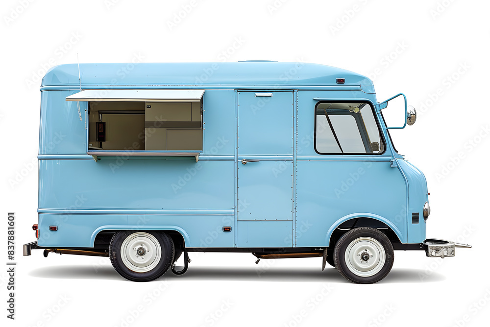 Pastel blue, turquoise food truck side view isolated on white background
