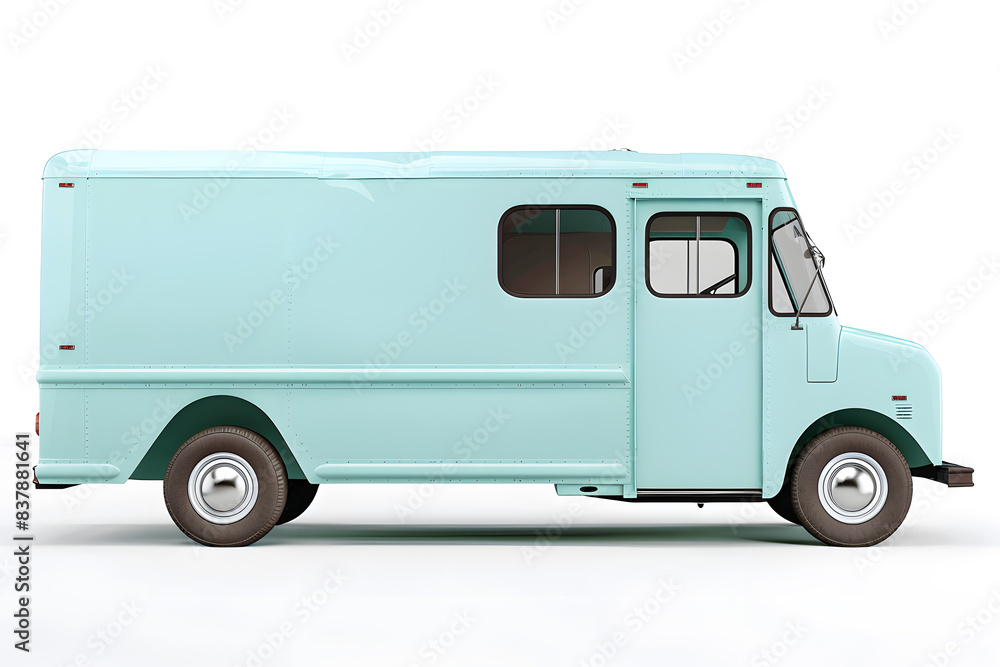 Pastel blue, turquoise food truck side view isolated on white background