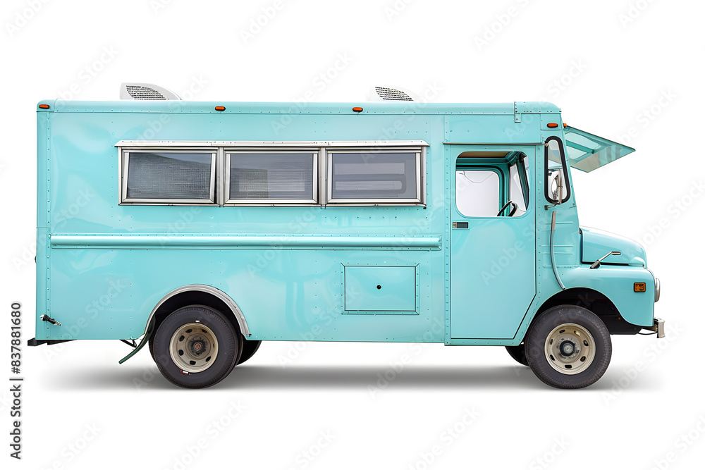 Pastel blue, turquoise food truck side view isolated on white background Pastel blue, turquoise food truck side view isolated on white background