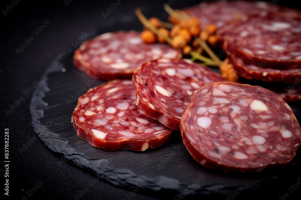 slices of salami on a dark stone board as a background slices of salami on a dark stone board as a background