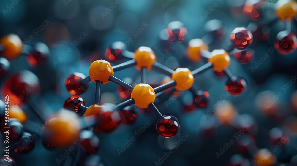 A modern background featuring a mix of geometric shapes in bold colors, with a detailed molecular model of a synthetic polymer, highlighting its use in biotechnological engineering. shiny, Minimal A modern background featuring a mix of geometric shapes in bold colors, with a detailed molecular model of a synthetic polymer, highlighting its use in biotechnological engineering. shiny, Minimal