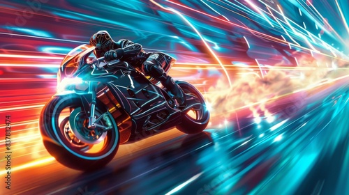 In this dynamic sci-fi concept, futuristic motorcyclists are racing through neon-illumined cities