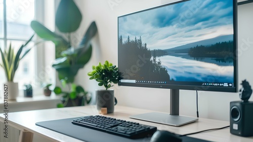 A sleek office desk setup with a large monitor, wireless keyboard and mouse, and a small potted plant, all on a white desk. photo