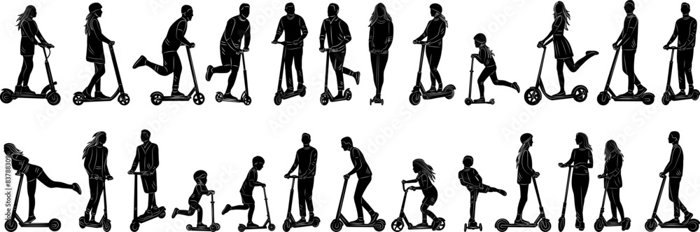 set of people riding scooters, children on scooters silhouette, vector set of people riding scooters, children on scooters silhouette, vector
