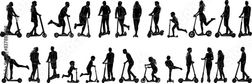set of people riding scooters, children on scooters silhouette, vector