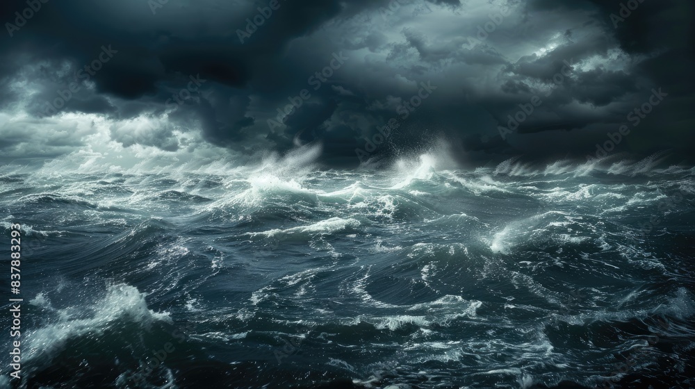 the dark stormy sea, showcasing rough waves crashing in the foreground, while leaving a vast ocean background with ample space for text. the dark stormy sea, showcasing rough waves crashing in the foreground, while leaving a vast ocean background with ample space for text.