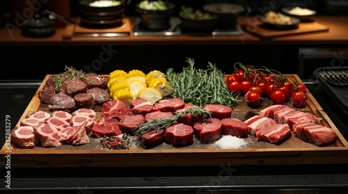 Assortment of fresh raw meats and vegetables on a wooden tray, perfect for a culinary or barbecue theme. High-quality food display.