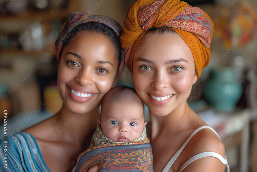 Two women portrait with a new born baby, adorable baby, concept of diverse multiracial family LGBTQ+ Two women portrait with a new born baby, adorable baby, concept of diverse multiracial family LGBTQ+