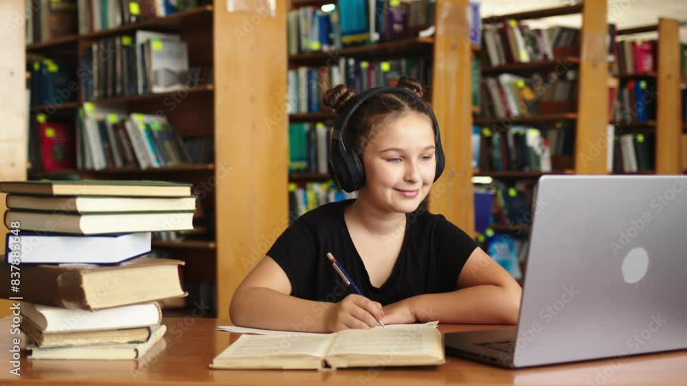 Distance learning concept. Schoolgirl studying online using laptop, taking notes on paper. Teenage schoolgirl wearing headphones undergoes online learning. Distance learning concept. Schoolgirl studying online using laptop, taking notes on paper. Teenage schoolgirl wearing headphones undergoes online learning.