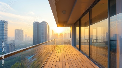 Empty balcony of new apartment with panoramic cityscape and sunlight. © Dzikir