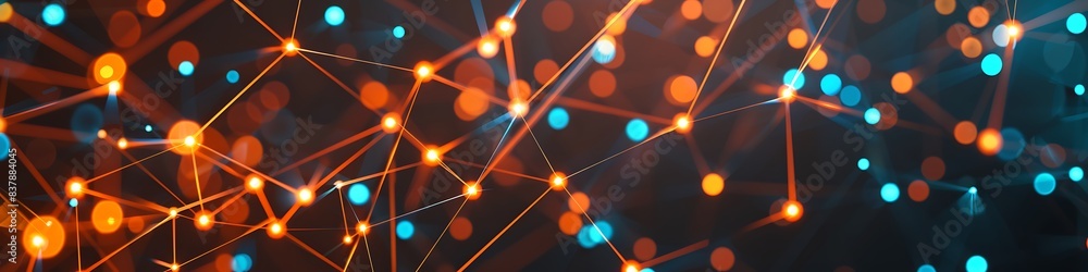 Dynamic technology background featuring orange and blue dots connected in a detailed plexus network