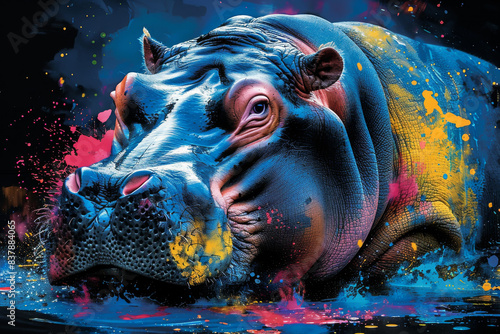 hippo in neon colors in a pop art style photo