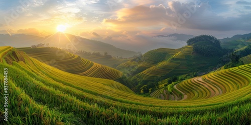 Golden rice terraces cascading down hillsides at sunrise  representing the beauty and harmony of cultivated nature  isolated white background  copy space