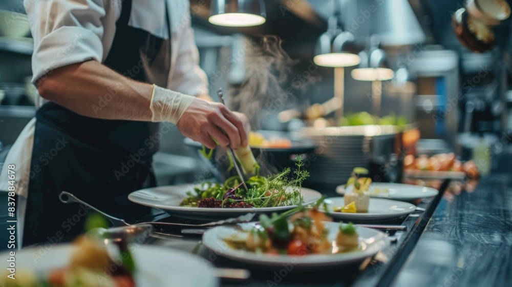 Gourmet dish being prepared in a high-end restaurant kitchen Gourmet dish being prepared in a high-end restaurant kitchen