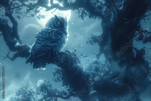 A majestic owl perched on a tree branch under the moonlight in an enchanting forest filled with mist and glowing light, creating a magical aura. © Vilaysack