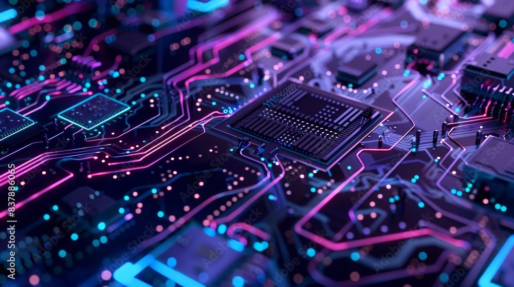 Close-up of a vibrant circuit board with glowing neon lights and intricate pathways, showcasing futuristic technology and advanced electronics Close-up of a vibrant circuit board with glowing neon lights and intricate pathways, showcasing futuristic technology and advanced electronics