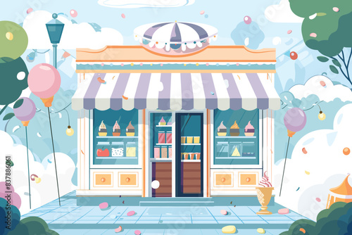 Charming candy shop front adorned pastel balloons, whimsical clouds, playful confections. Whimsical illustration depicts idealized confectionery storefront, balloons, vibrant. Storybook