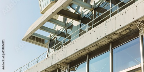 Vertical close-up of control tower facade, clear focus, bright noon light 