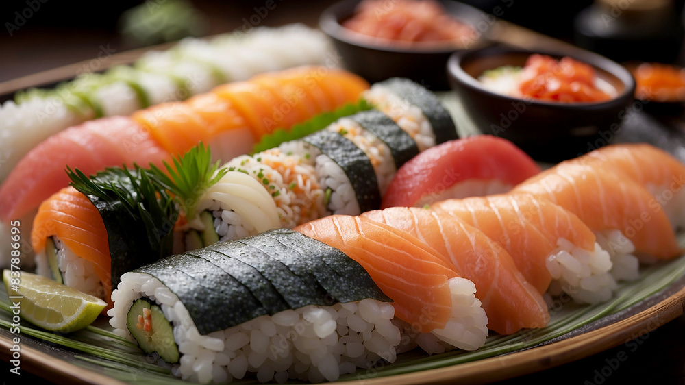 Sushi combines vinegared rice with various toppings, including raw fish. Sashimi is thinly sliced raw fish served without rice Sushi combines vinegared rice with various toppings, including raw fish. Sashimi is thinly sliced raw fish served without rice