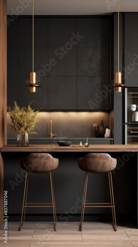Modern wooden kitchen design. Luxury designed kitchen. Modern black furniture. vertical orientation