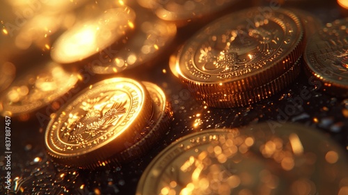 Macro shot of gold coins with bokeh lights