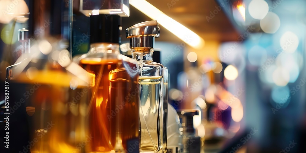 Close-up of duty-free perfume bottles, sharp focus, soft backlight, no people Close-up of duty-free perfume bottles, sharp focus, soft backlight, no people