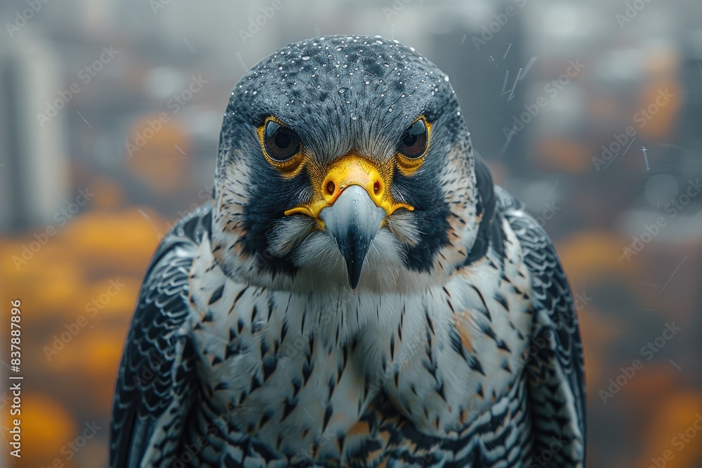 Fototapeta premium Close-up of a majestic peregrine falcon with urban background, showcasing its striking plumage and intense gaze.