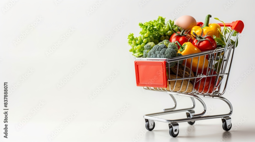 Digital shopping cart filled with various items ready for checkout, representing the online shopping experience, isolated white background, copy space Digital shopping cart filled with various items ready for checkout, representing the online shopping experience, isolated white background, copy space
