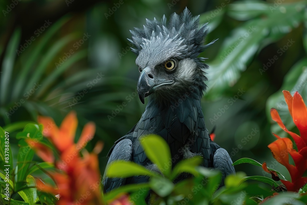 Close-up of a striking black bird with a spiky crest, surrounded by lush green foliage and vibrant red-orange flowers. Close-up of a striking black bird with a spiky crest, surrounded by lush green foliage and vibrant red-orange flowers.