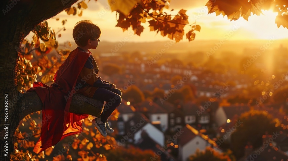 Child in Red Cape Sitting on a Branch Overlooking Sunset Town Child in Red Cape Sitting on a Branch Overlooking Sunset Town