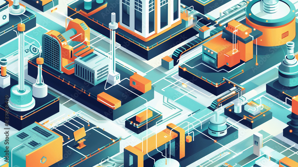 A factory with a lot of orange boxes on conveyor belts. The boxes are being sorted and moved around by robots A factory with a lot of orange boxes on conveyor belts. The boxes are being sorted and moved around by robots