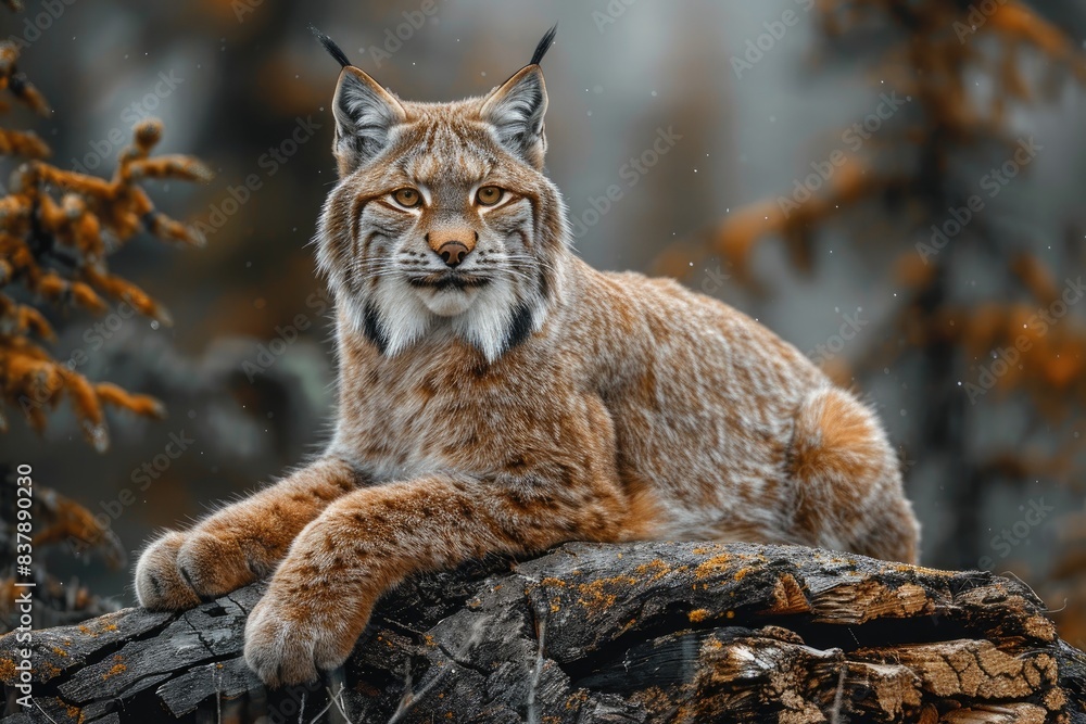 Majestic lynx resting on a tree trunk in its natural habitat, showcasing its striking features and beautiful fur coat. Majestic lynx resting on a tree trunk in its natural habitat, showcasing its striking features and beautiful fur coat.