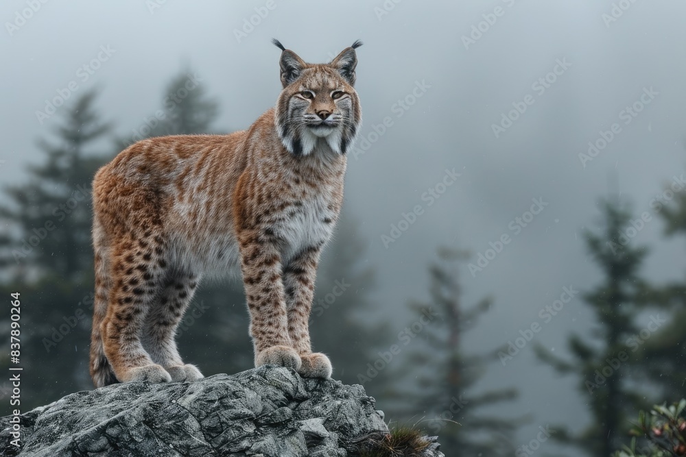 Majestic lynx standing on a rocky outcrop in a misty forest setting, showcasing its spotted fur and piercing eyes. Majestic lynx standing on a rocky outcrop in a misty forest setting, showcasing its spotted fur and piercing eyes.