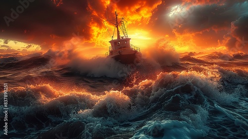 Ship navigating through turbulent ocean waves during a fiery sunset
