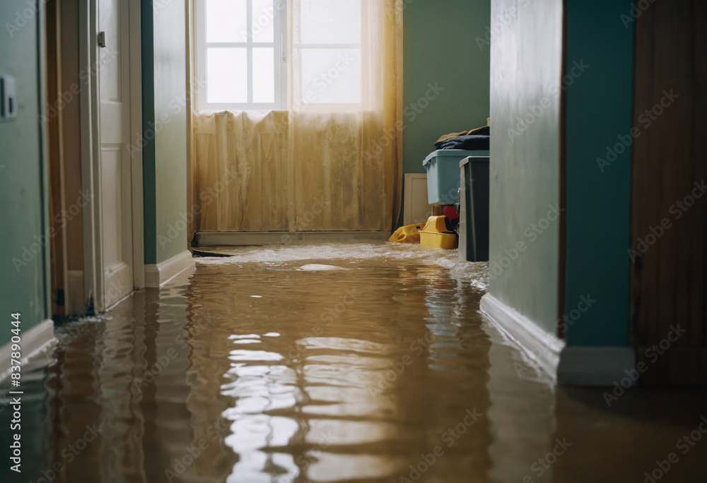 flooded room, flooded room interior, water is high in the house after ...